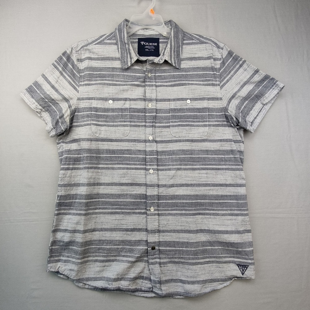 Guess Button Down Shirt Mens XXL Grey Striped Short Sleeve X41H11W3D10ā Cotton